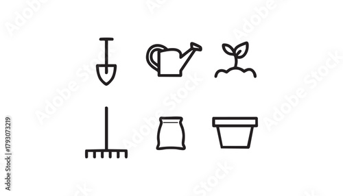 Gardening outline icons set, shovel, rake, watering can, seedling, fertilizer bag, plant pot — minimal black line vector for web, app, UI