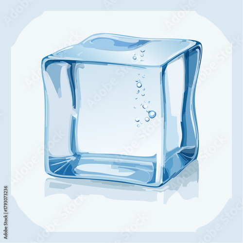 Transparent Blue Ice Cube with Bubbles Reflected on a Light Blue Circular Background with Subtle Shadows