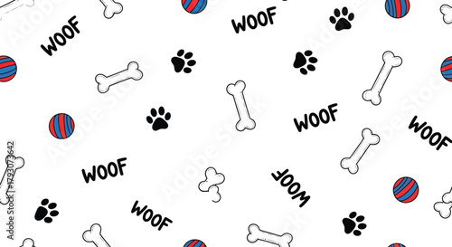 Playful Pattern with Woof, Dog Bones, Paws, and Balls on White Background Seamless