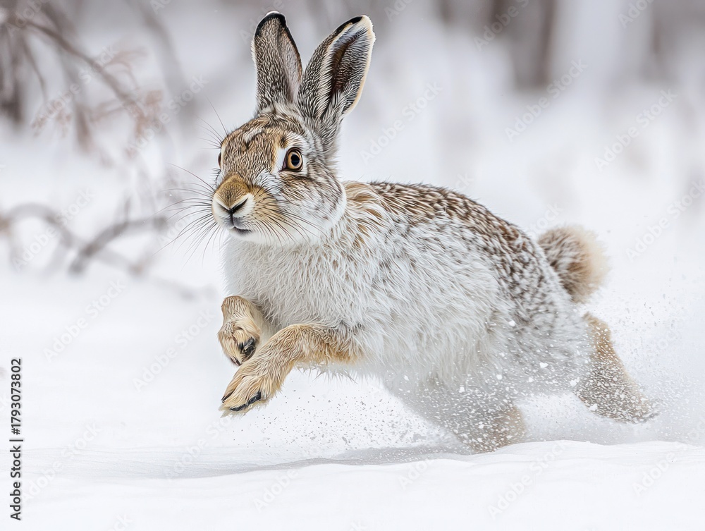Obraz premium Leaping hare, winter coat, bounding through deep snow, blurred action