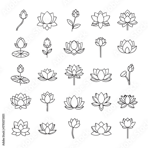 Lotus flower icons set – 25 outline vector symbols, lotus, water lily, buds, lily pads, minimal black line botanical pack for web, app, logo