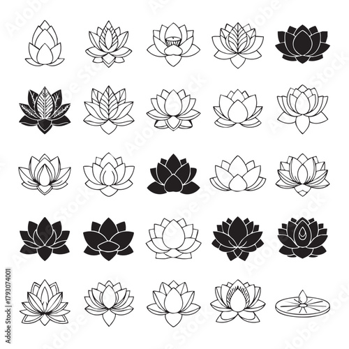 Lotus flower icon set — 25 outline and solid vector symbols, lotus, water lily, yoga spa wellness logos, black and white minimal floral pack
