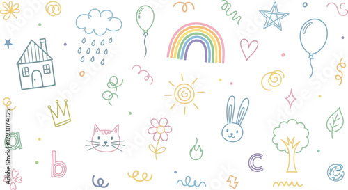 Playful Seamless Pattern with Colorful Children's Doodles on White Background