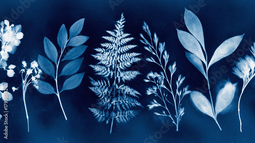 A unique cyanotype print featuring an arrangement of various plant leaves and fern fronds, showcasing botanical details in shades of blue.