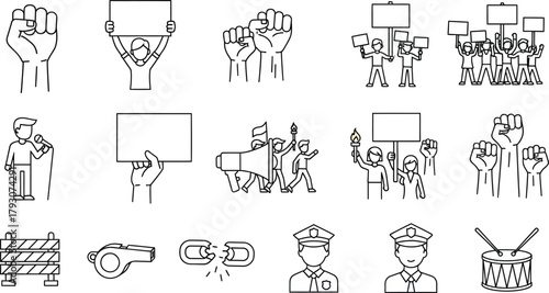 Protest Line Icons, Raised Fists, People with Banners, Megaphone, Police, Isolated