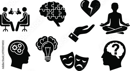 Psychological Black Pictograms of Brain, Question, Masks, Lightbulb and Broken Heart
