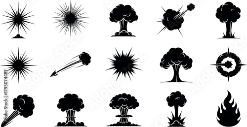 Collection of black explosion and burst icons