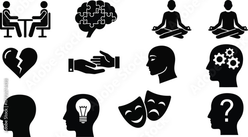 Psychology Mind Concept Icon Set People Talking, Brain Puzzle, Yoga Pose on White
