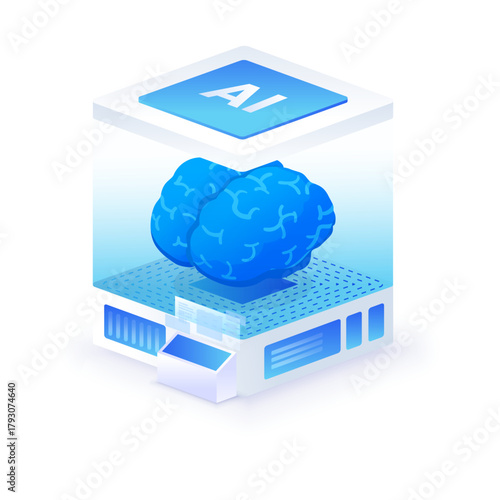 Artificial intelligence chip neural network isometric vector illustration. brain inside a digital cube, representing machine learning, data processing, and futuristic AI technology