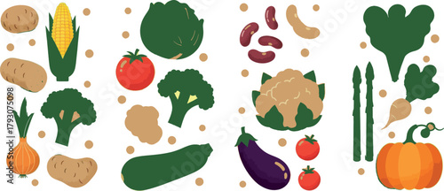 A colorful collection of fresh vegetables, including potatoes, corn, cabbage, tomatoes, broccoli, beans, cauliflower, eggplant, zucchini, asparagus, and pumpkin