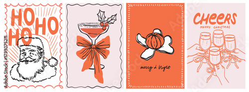 Christmas greeting card Set. Elegant Xmas design in trendy retro whimsical hand drawn doodle style with bow and ribbons, frames, Santa, tangerine and cocktails. New year cheers banner, poster, covers.