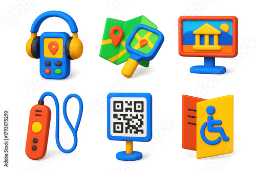 Set of six colorful icons, including a QR code, a book, a map