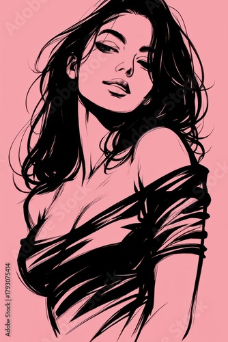 Stylized Woman Illustration on Pink