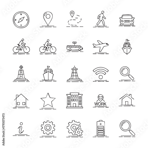 Travel and navigation outline icons set, compass, map pin, route, walking, car, bike, bus, airplane, ship, lighthouse, wifi, home, search, settings