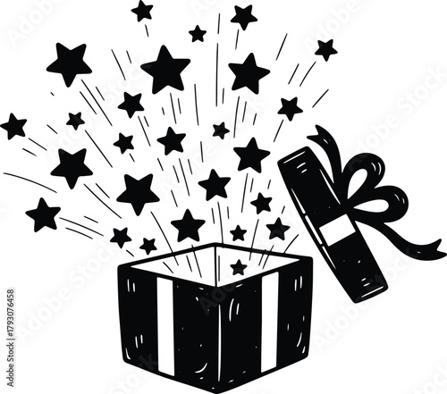 Black and white illustration of a gift box exploding with stars