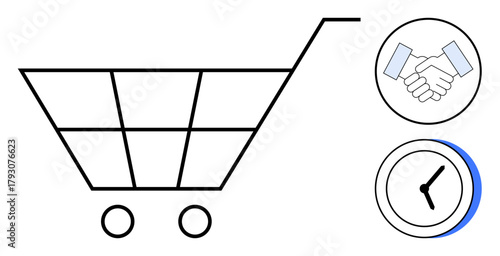 Clean shopping cart design paired with clock and handshake elements referencing commerce, partnerships, and productivity. Ideal for e-commerce, retail, teamwork, planning, time, efficiency simple