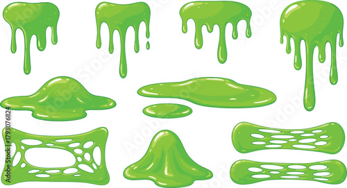 Green slime, dripping goo, glossy ooze, sticky liquid, puddle shapes, mesh patterns, stretchy forms, cartoon texture, vector set, playful substance, glossy highlights, slime drips, mound, puddle, hole