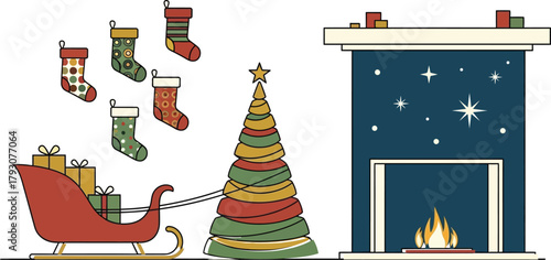 Fireplace with Christmas tree, sleigh gifts decorations. Christmas sleigh and festive decoration cozy winter holiday home interior illustration. Christmas greeting card design. 