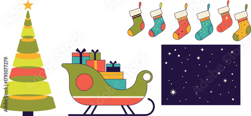 Fireplace with Christmas tree, sleigh gifts decorations. Christmas sleigh and festive decoration cozy winter holiday home interior illustration. Christmas greeting card design. 