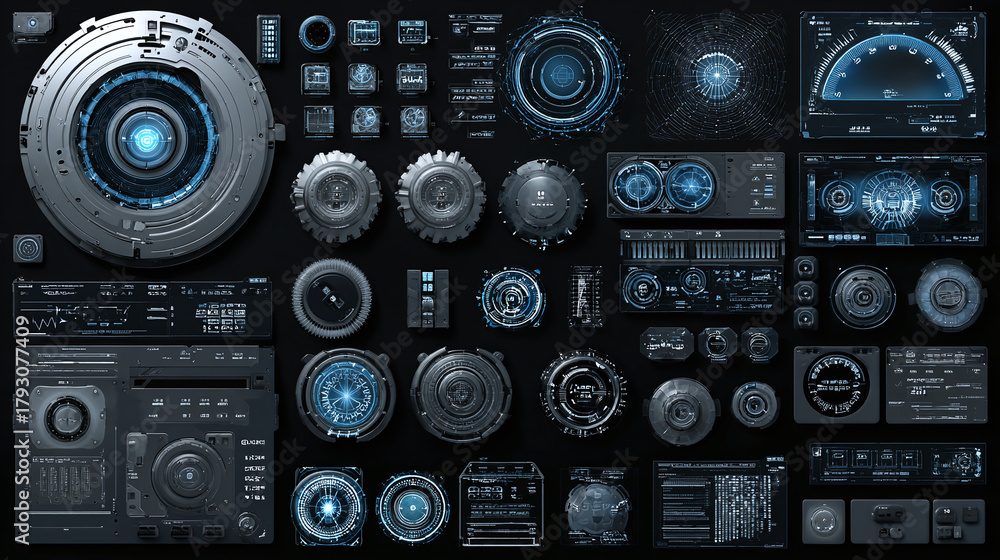 Fototapeta premium Futuristic digital interface with multiple controls and displays, exuding an advanced technological aesthetic