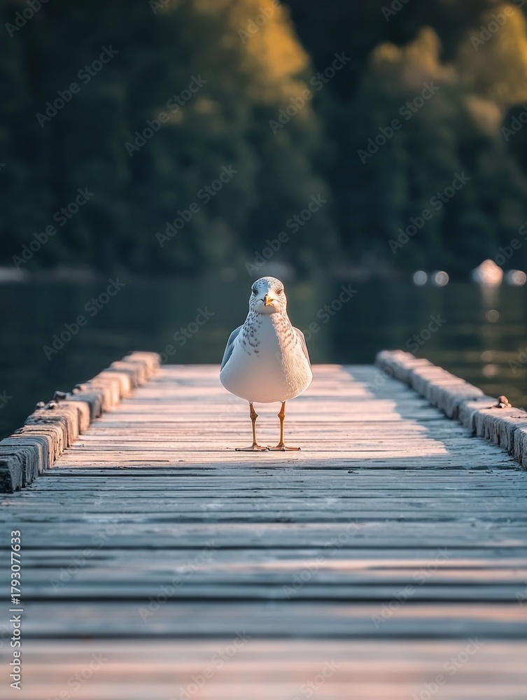 Fototapeta premium Seagull stands on old wooden dock, serene water and forest backdrop