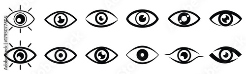 eye, icon, vision, sight, look, observe, watch, see, graphic, symbol, design, set, collection, outline, black and white, simple, stylized, pupil, iris, eyelid, eyelashes, rays, light, focus, perceptio