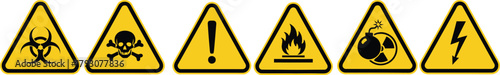 Row of Hazard Warning Triangle Signs with Biohazard, Skull, Flame, Bomb, Electric on White