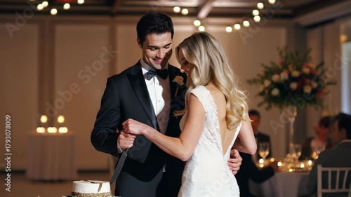 Happy newlyweds share a joyful moment cutting their elegant wedding cake at a beautifully lit reception, celebrating their union with smiles and affectionate glances