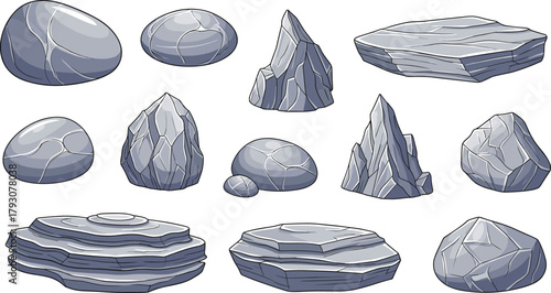 Stylized, rocks, collection, geological, stone, set, jagged, boulders, smooth, pebbles, layered, sedimentary, forms, gray, mineral, veins, mountain, shapes, vector, illustration