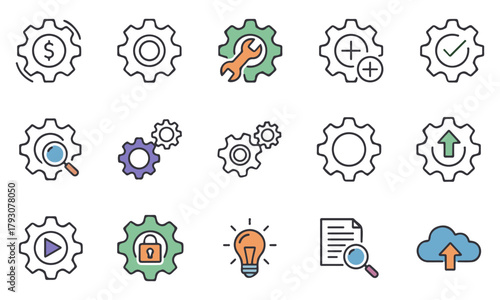 Settings and Gear Icon Set – Vector illustrations of gears, settings, tools, security, search, upload, and cloud computing icons. Perfect for UI/UX design, app interfaces, technical documentation