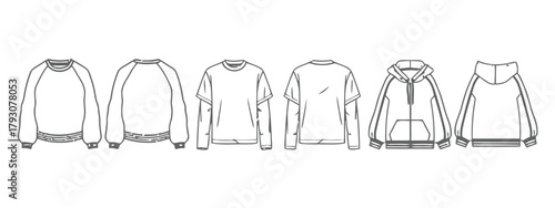 clothing, apparel, t-shirt, sweatshirt, hoodie, long sleeve, raglan sleeve, technical drawing, fashion design, garment, template, blueprint, outline, sketch, front view, back view, flat design, vector