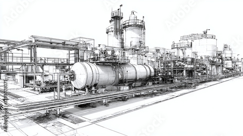 An industrial facility, captured in an artistic sketch, showcases complex infrastructure. The intricate design highlights the architecture of the production plant
