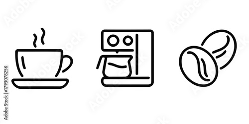 coffee, cup, saucer, steam, hot, drink, coffee machine, carafe, filter, coffee beans, icon, set, symbol, graphic, design, illustration, outline, line art, simple, minimal, breakfast, beverage, caffein