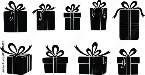 Black and white illustration of wrapped gifts with ribbons and bows