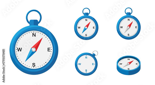 A collection of blue compasses displaying directional guidance and navigation