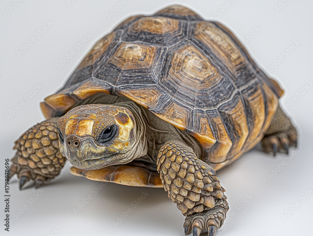 Obraz premium Tortoise, front facing, with a patterned shell against plain white background