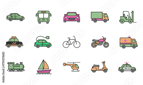 Transportation Vehicles Icon Set – Vector illustrations of cars, buses, trucks, forklift, taxi, electric vehicle, bike, motorcycle, ambulance, train, boat, helicopter, scooter, and police car
