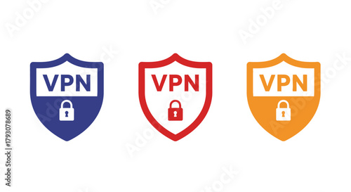Three colorful vpn shield icons with padlock symbols representing online security