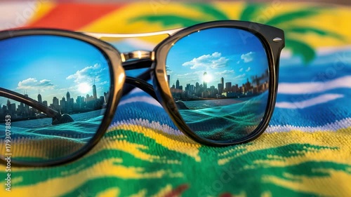 Sunglasses reflecting a city skyline on a beach towel with palm trees