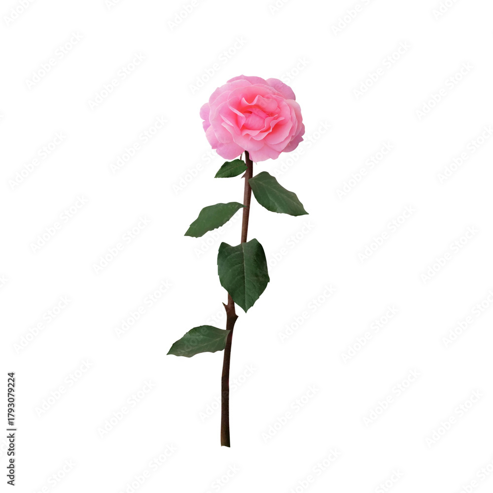 Fototapeta premium Beautiful pink rose flower with stem and green leaves, single, close-up, isolated on white background
