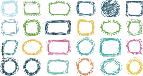 Scribble Frames Assortment, Hand Drawn Colorful Shapes with Transparent Background