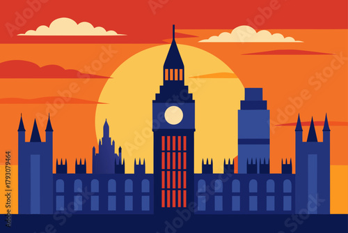London skyline with big ben at sunset in flat design style