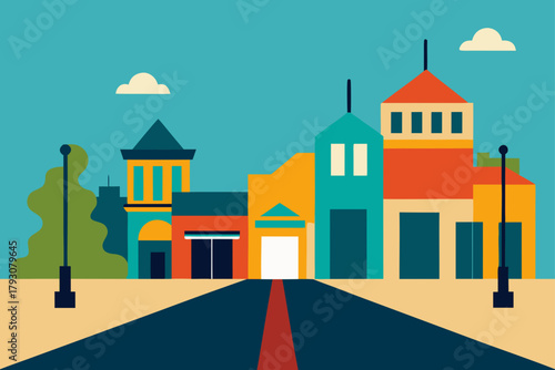 Colorful flat design town street with buildings and road