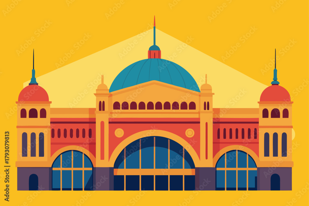 Fototapeta premium Flat illustration of a grand historic building with a blue dome and orange facade