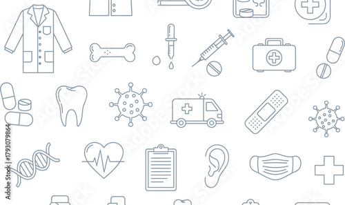 Seamless Line Art Pattern with Medical, Healthcare Icons on White Background