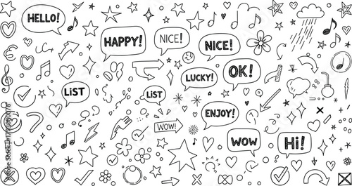 Seamless Hand Drawn Doodle Pattern with Speech Bubbles and Cute Elements on White