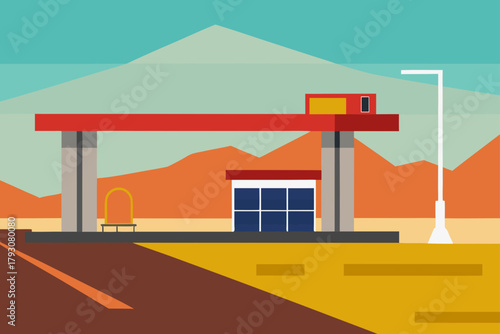 Desert gas station with mountains and road in flat design style