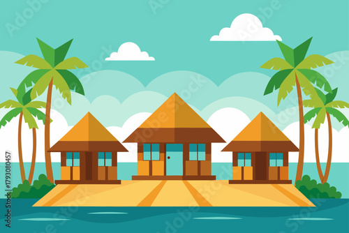 Tropical island bungalows with palm trees and ocean view