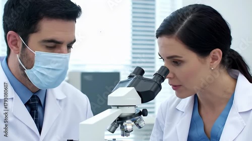 Scientists in Lab Coats Examining Microscope Research and Scientific Study Concept