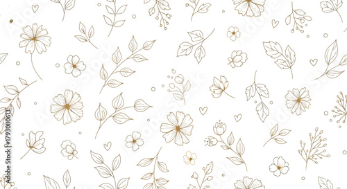 Seamless Pattern Gold Line Art Flowers Leaves, Floral Botanical on White Background